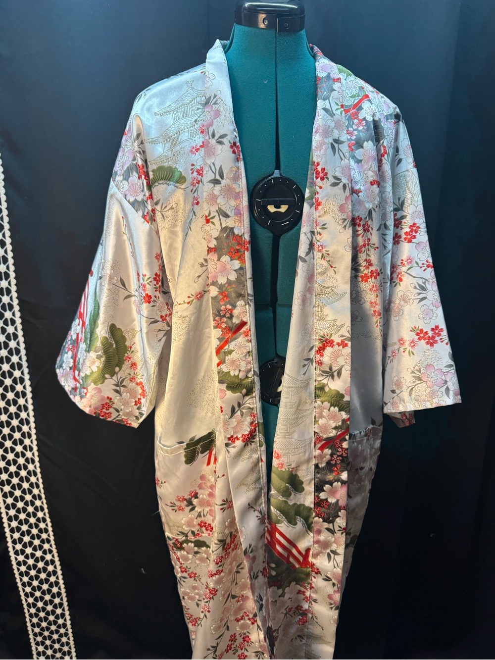 Source Unknown Satin Floral Kimono Robe - Silver with Pink & Green Accents